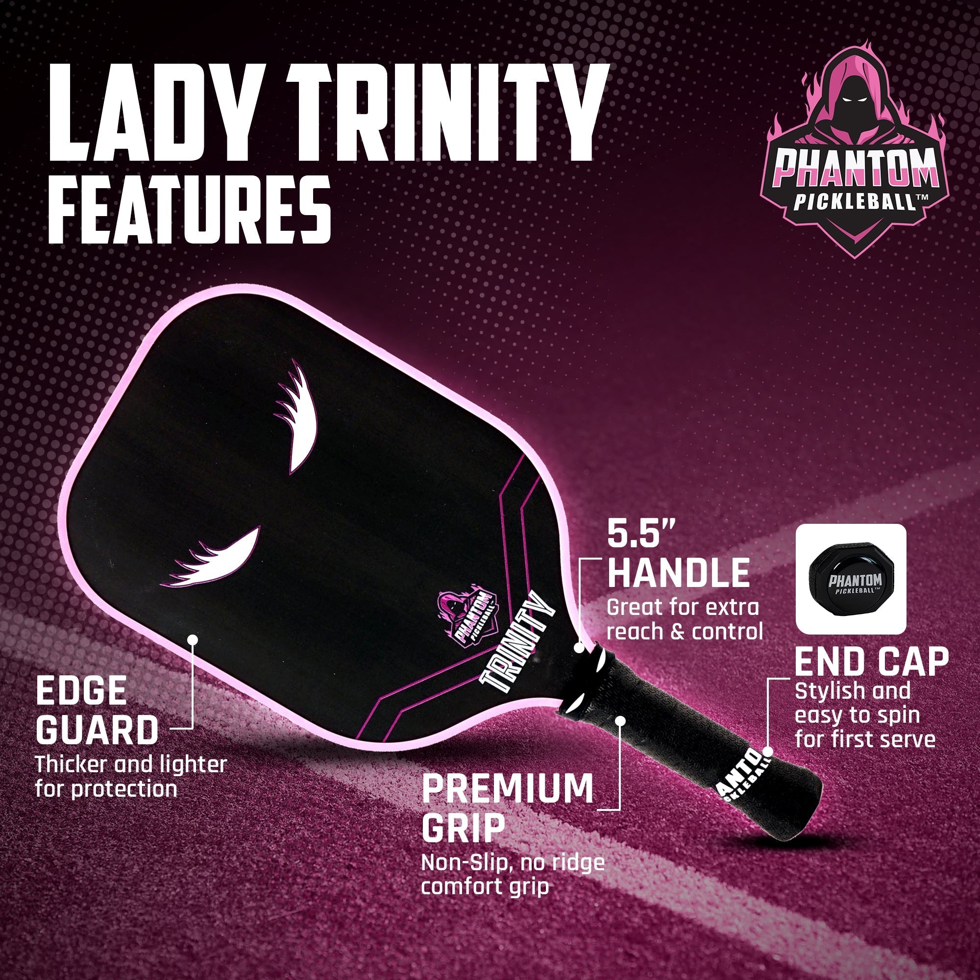 Phantom LADY TRINITY 14MM T700 Raw Carbon Fiber Thermoformed Pro Pickleball Paddle w/ Premium Cover - Racquet Point