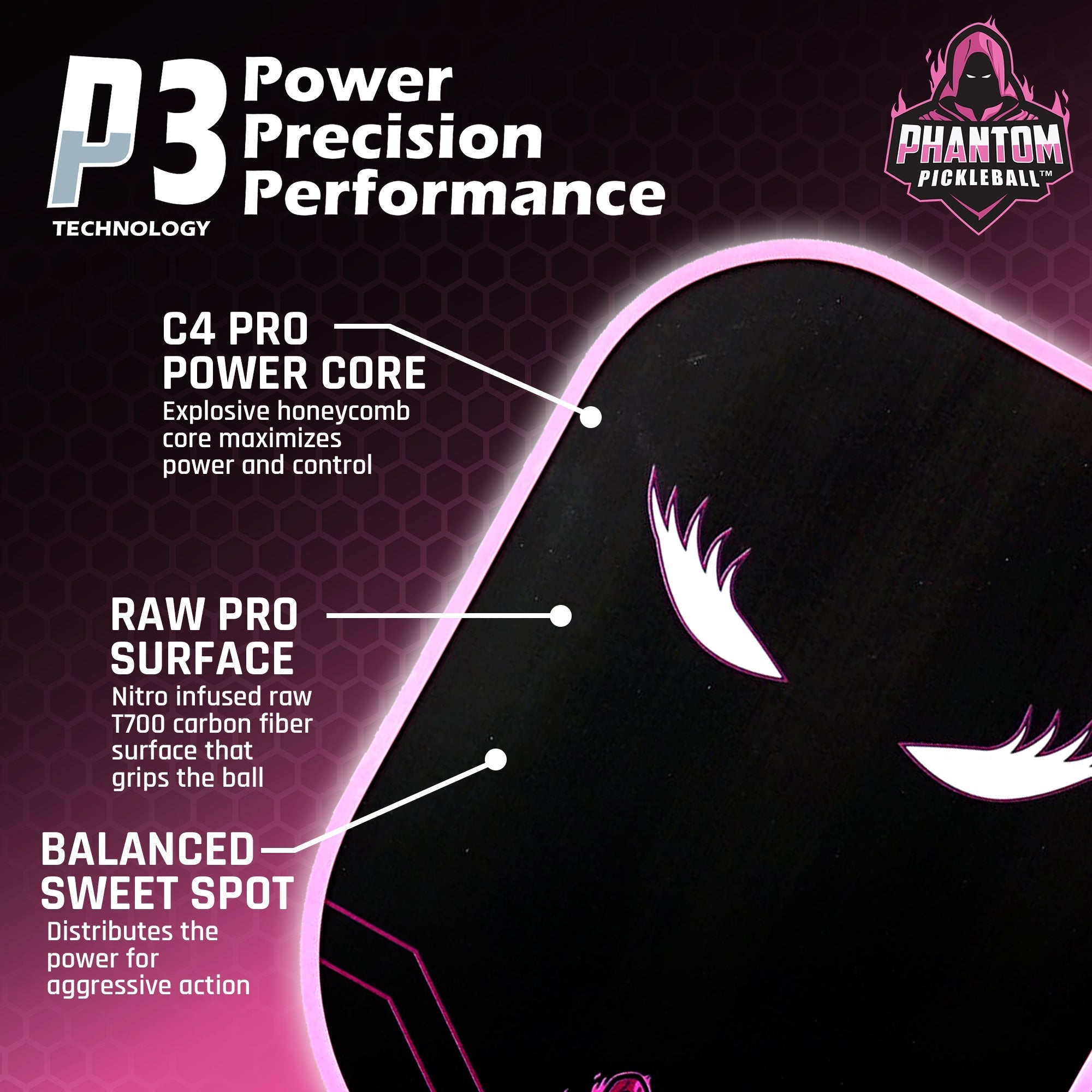 Phantom LADY TRINITY 14MM T700 Raw Carbon Fiber Thermoformed Pro Pickleball Paddle w/ Premium Cover - Racquet Point