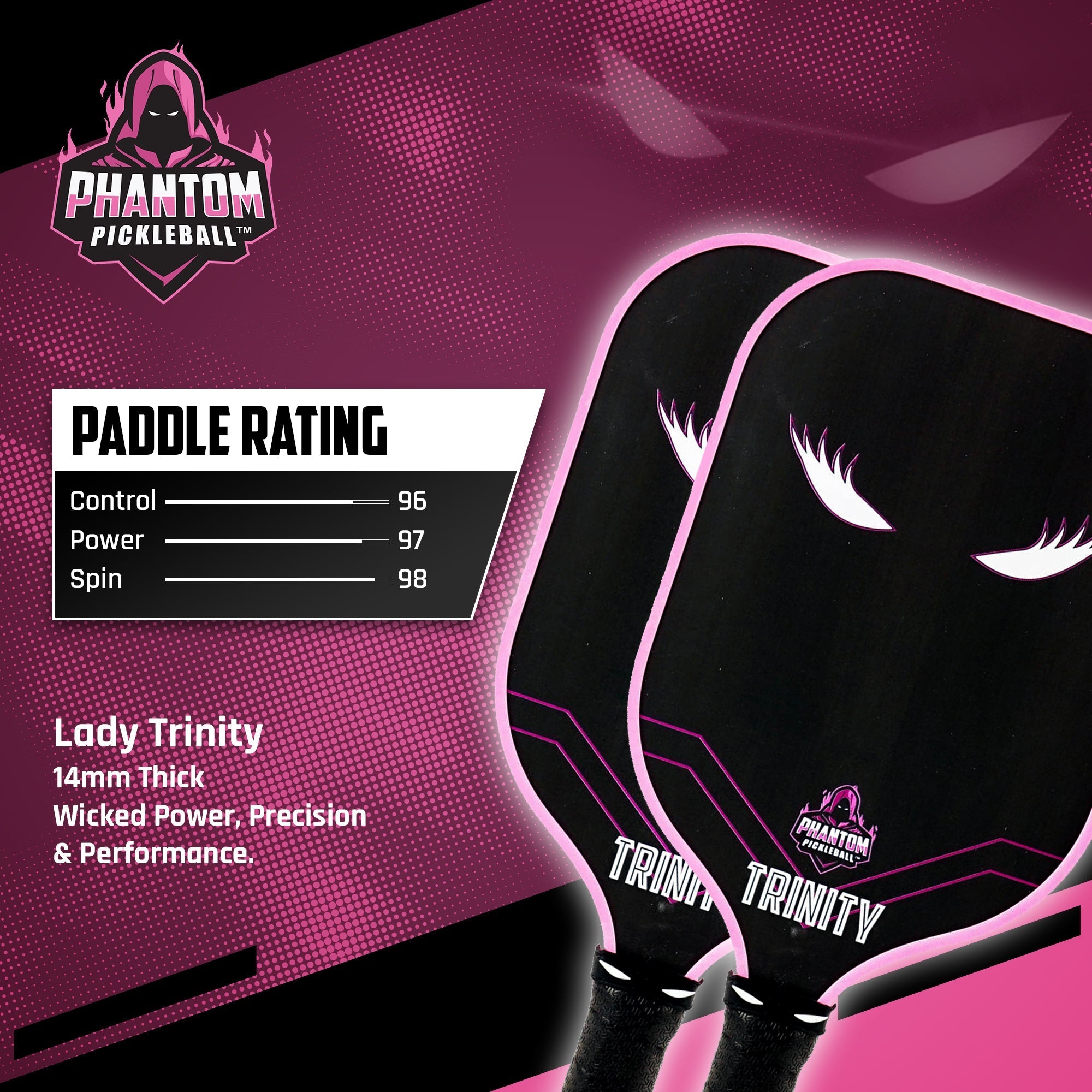 Phantom LADY TRINITY 14MM T700 Raw Carbon Fiber Thermoformed Pro Pickleball Paddle w/ Premium Cover - Racquet Point