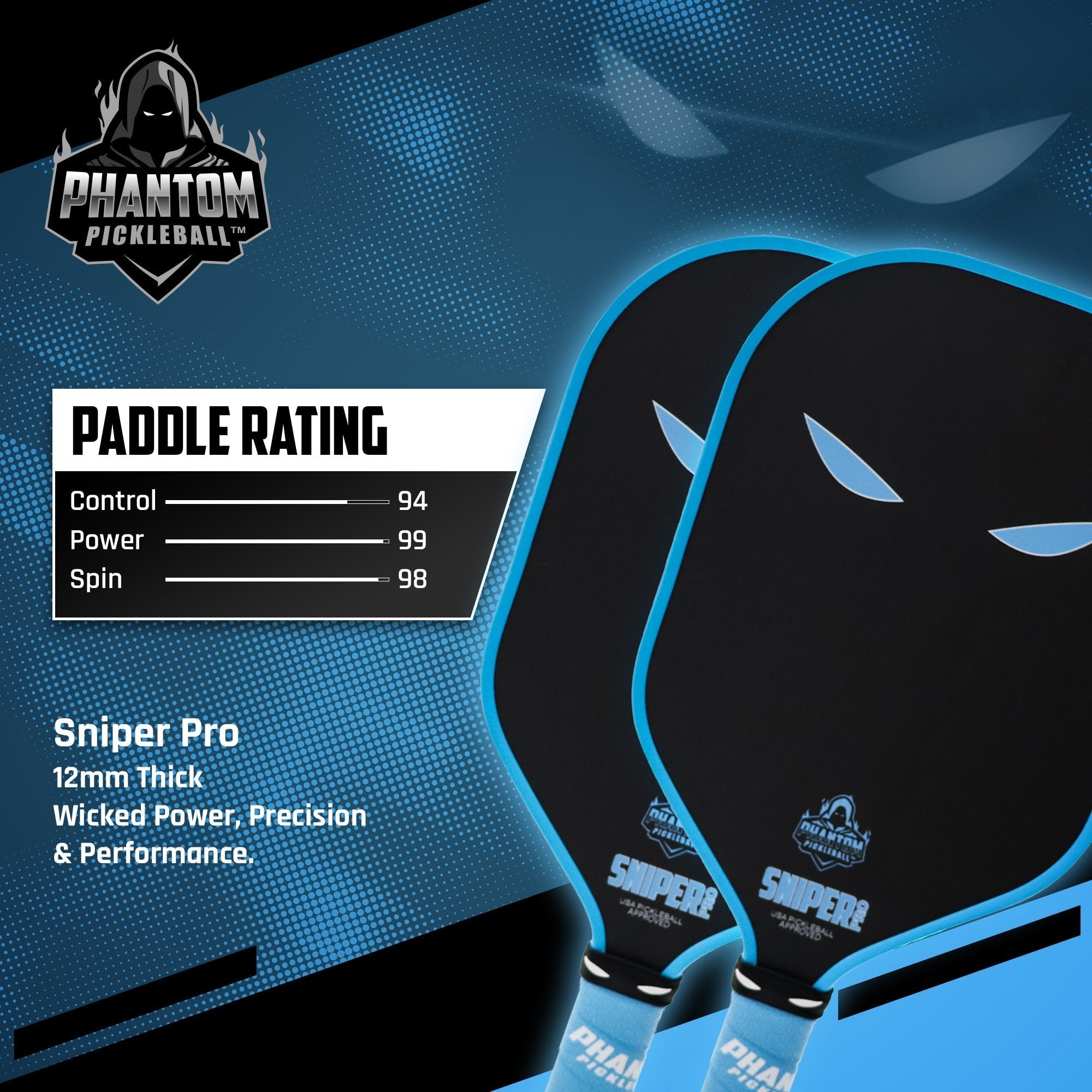 PHANTOM SNIPER PRO 12MM T700 Raw Carbon Fiber Thermoformed Pro Pickleball Paddle w/ Premium Cover - Racquet Point