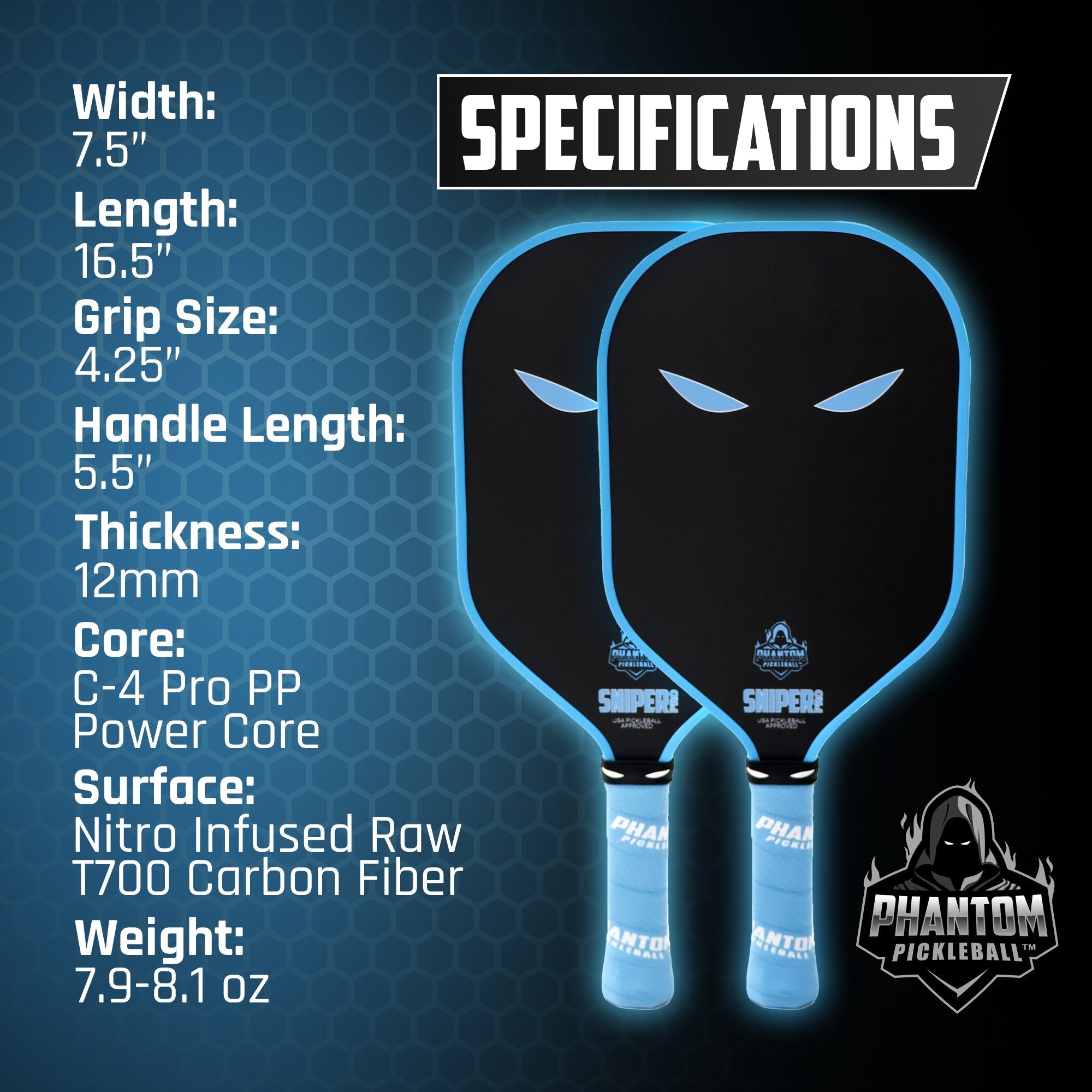 PHANTOM SNIPER PRO 12MM T700 Raw Carbon Fiber Thermoformed Pro Pickleball Paddle w/ Premium Cover - Racquet Point