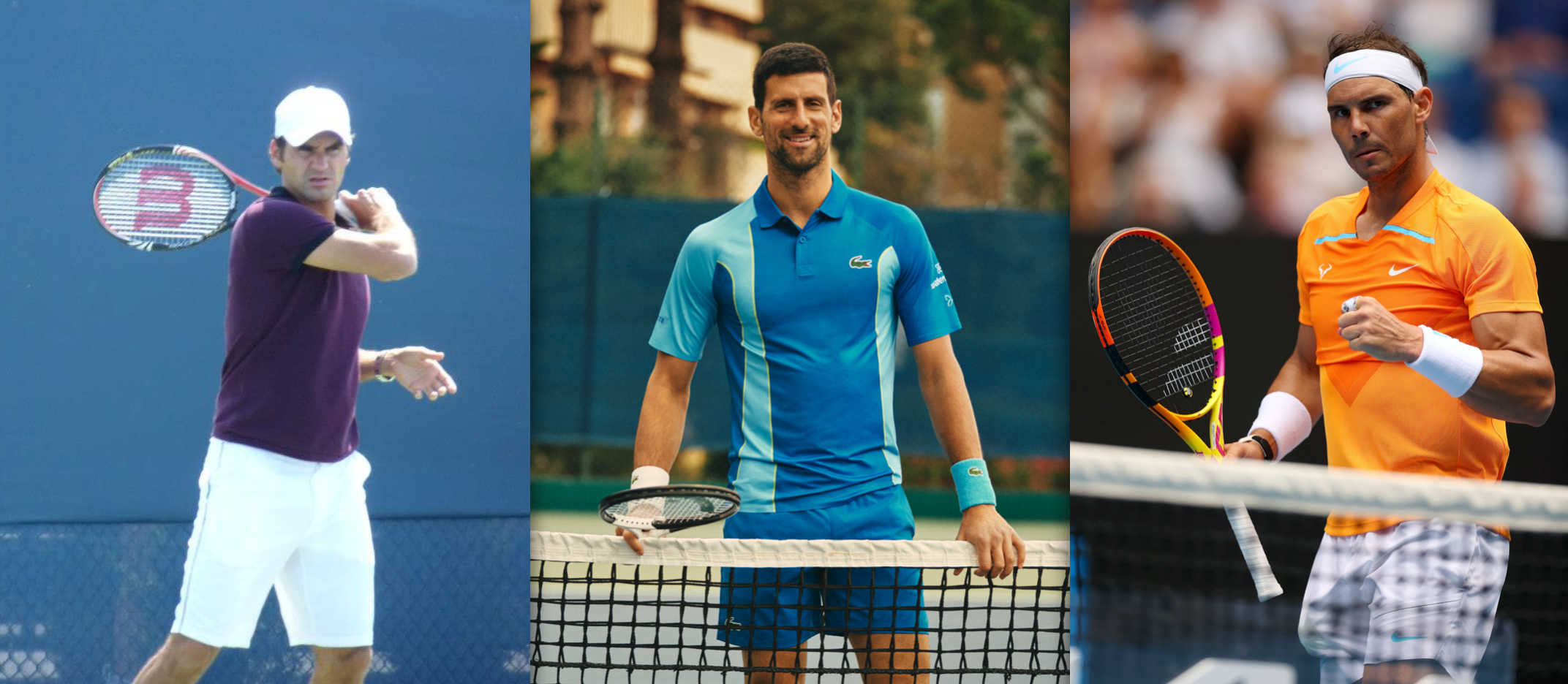 Djokovic, Nadal and Federer on tennis courts