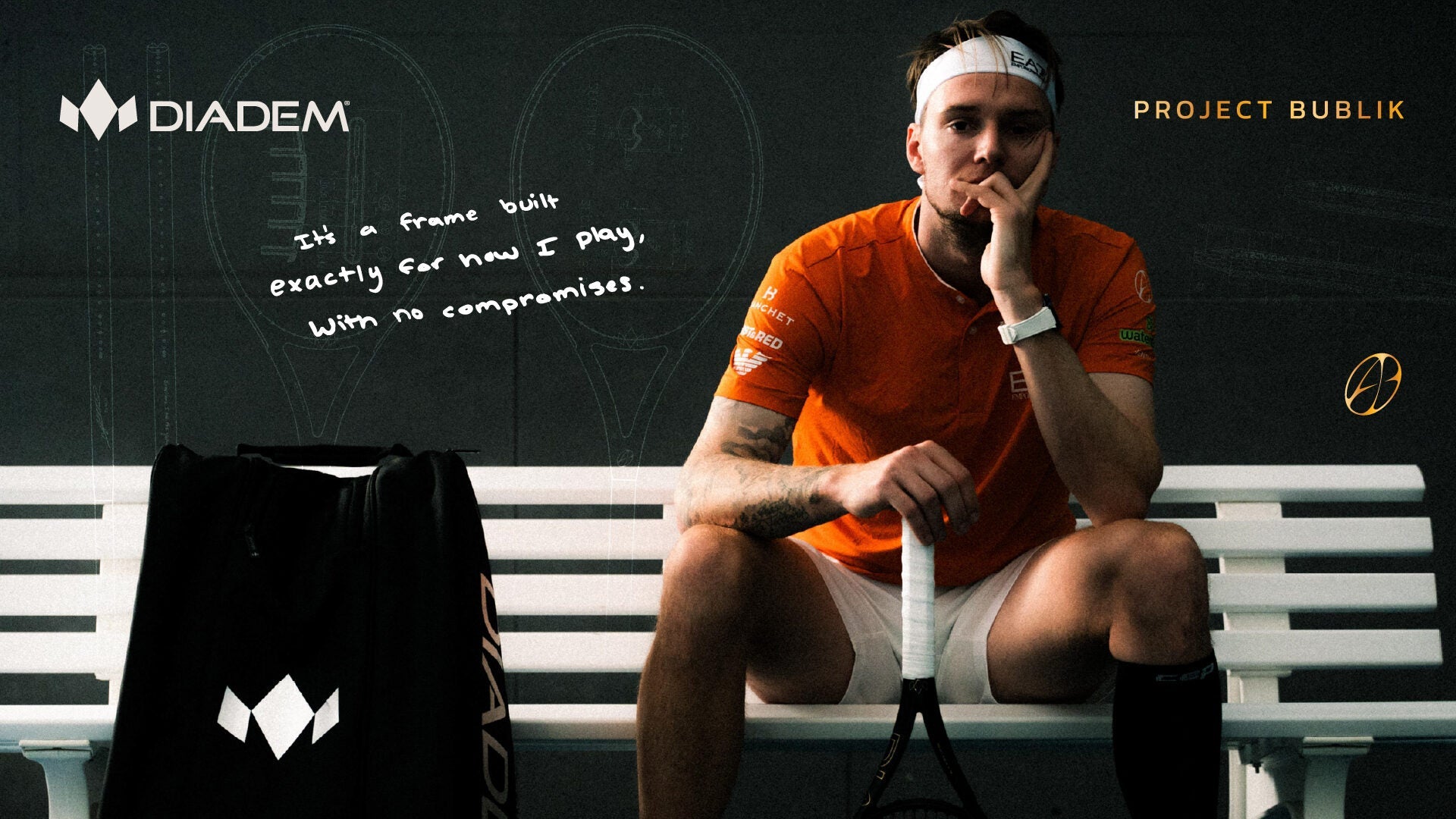 Alexander Bublik courtside with the Diadem Project Bublik tennis racquet and Diadem racquet bag