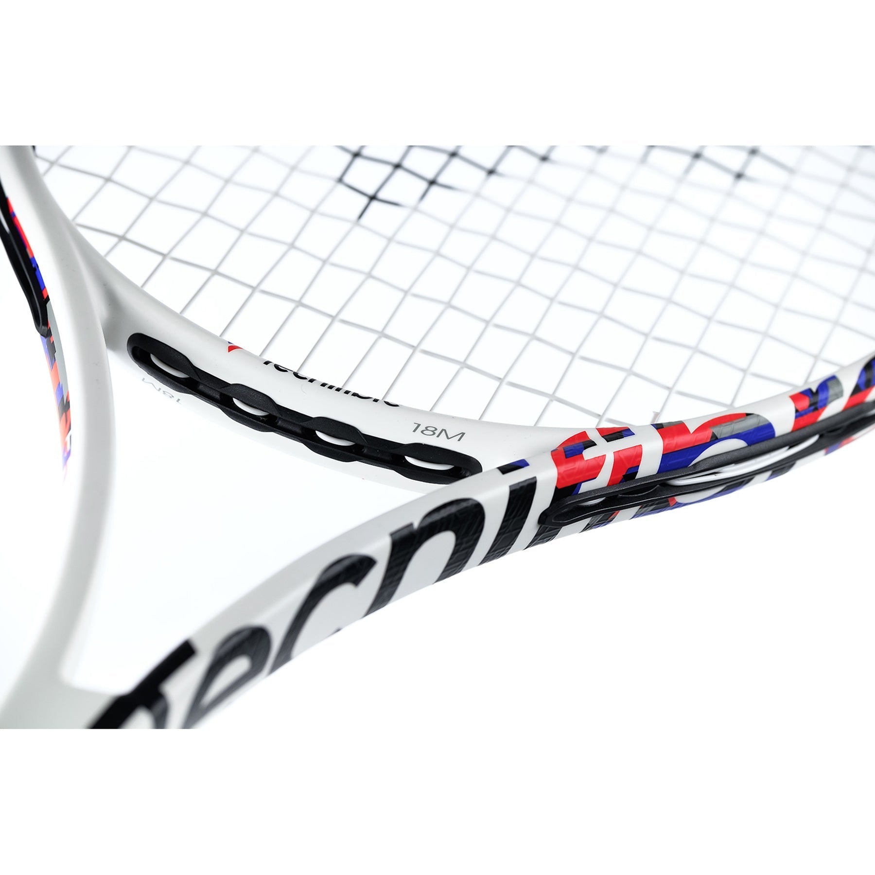 Close-up of the 18x20 string pattern of the TF40 305 tennis racket