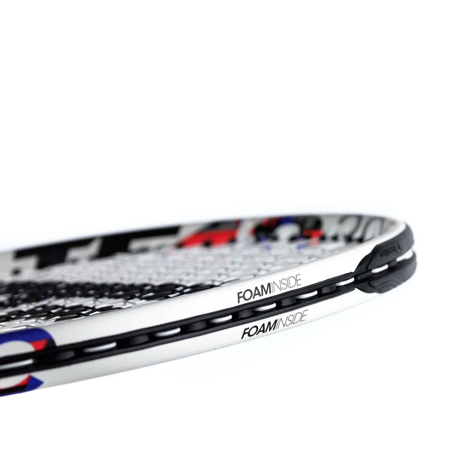 Close-up of the wider and longer Extense BG grommets of the TF40 305 tennis racket