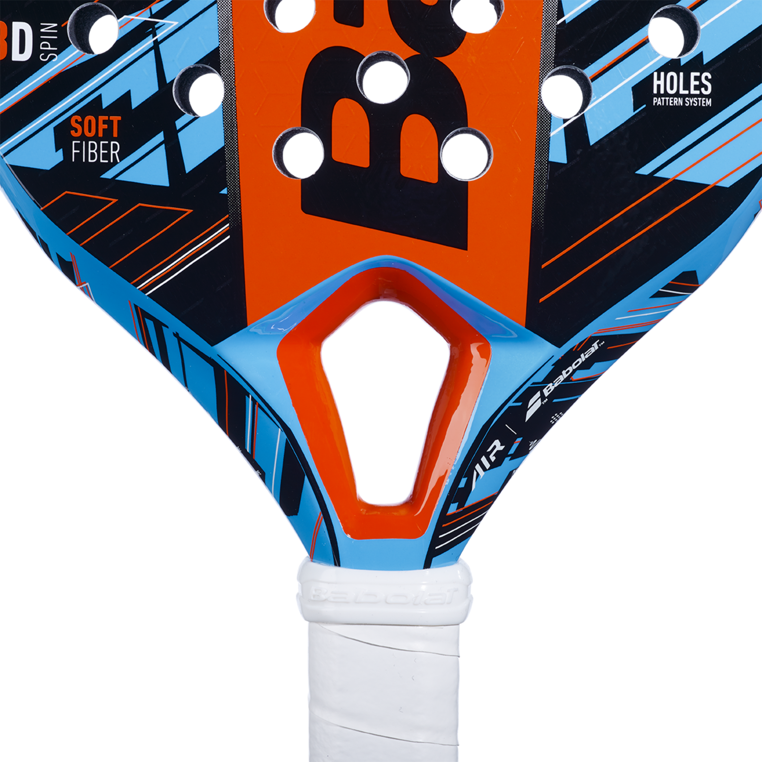 Close-up view of the Babolat Air Vertuo Padel Racket highlighting its hybrid head shape.