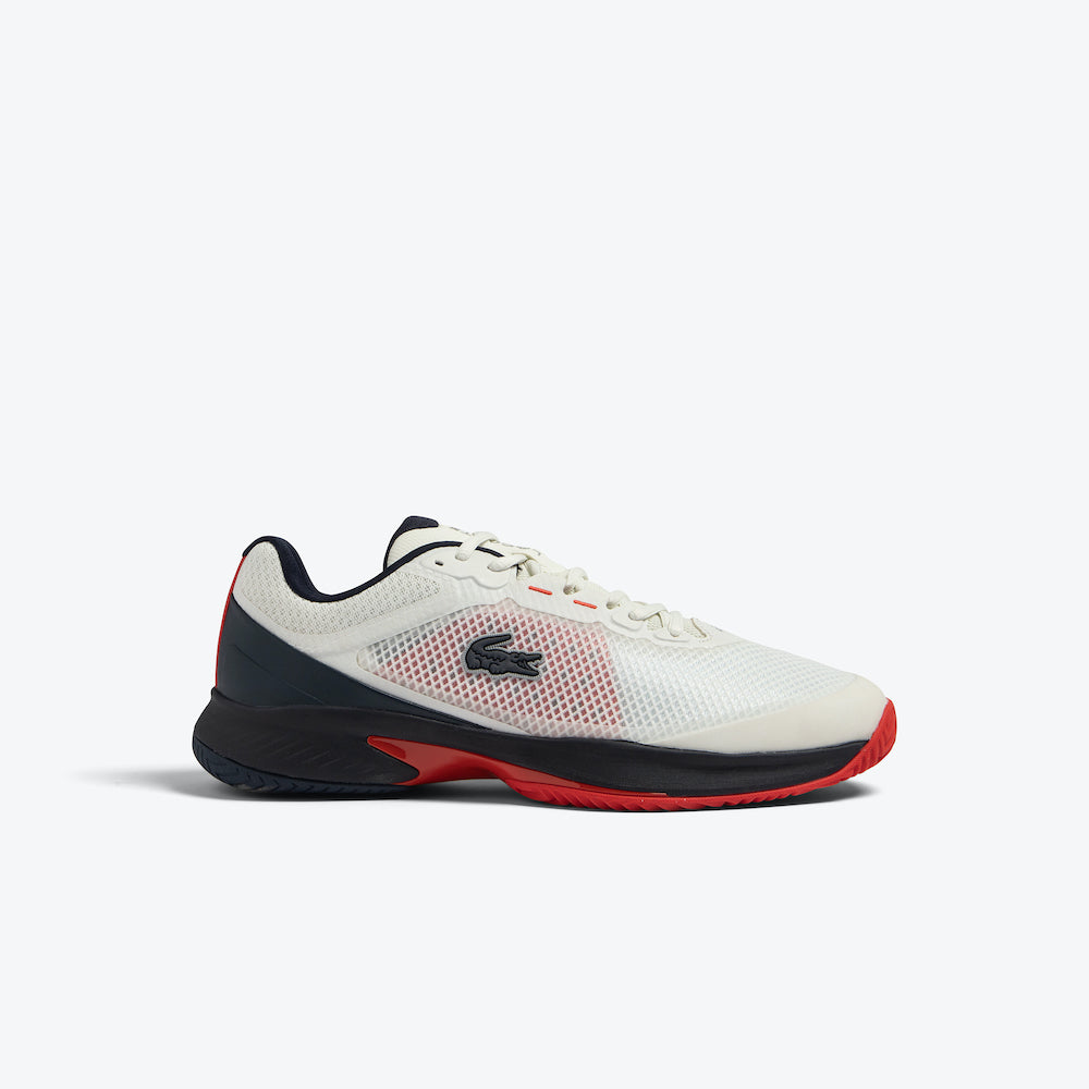 Lacoste Tech Point Men’s Tennis Shoes in White/Navy/Red, designed for mid-level players seeking to up their game
