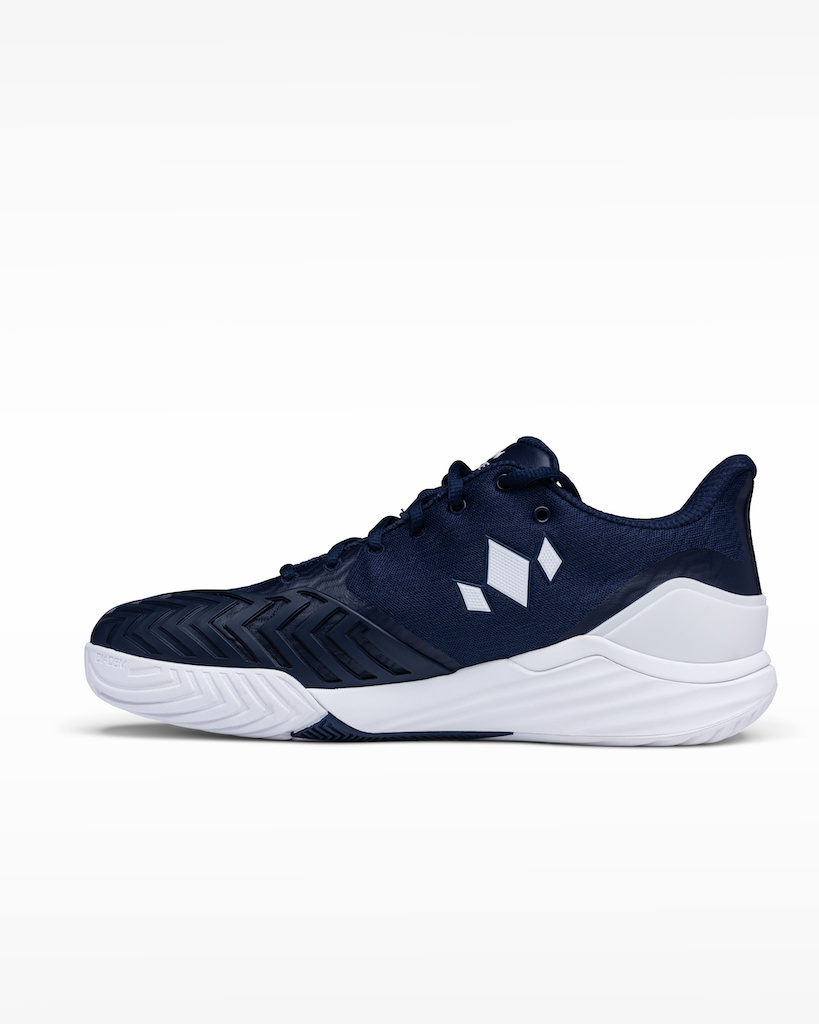 Diadem Court Burst Wide (2E) Women's Tennis Shoes, Navy/White colourway, left - Racquet Point