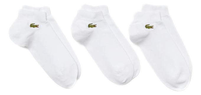 Three pairs of Lacoste low-cut socks ideal for tennis.