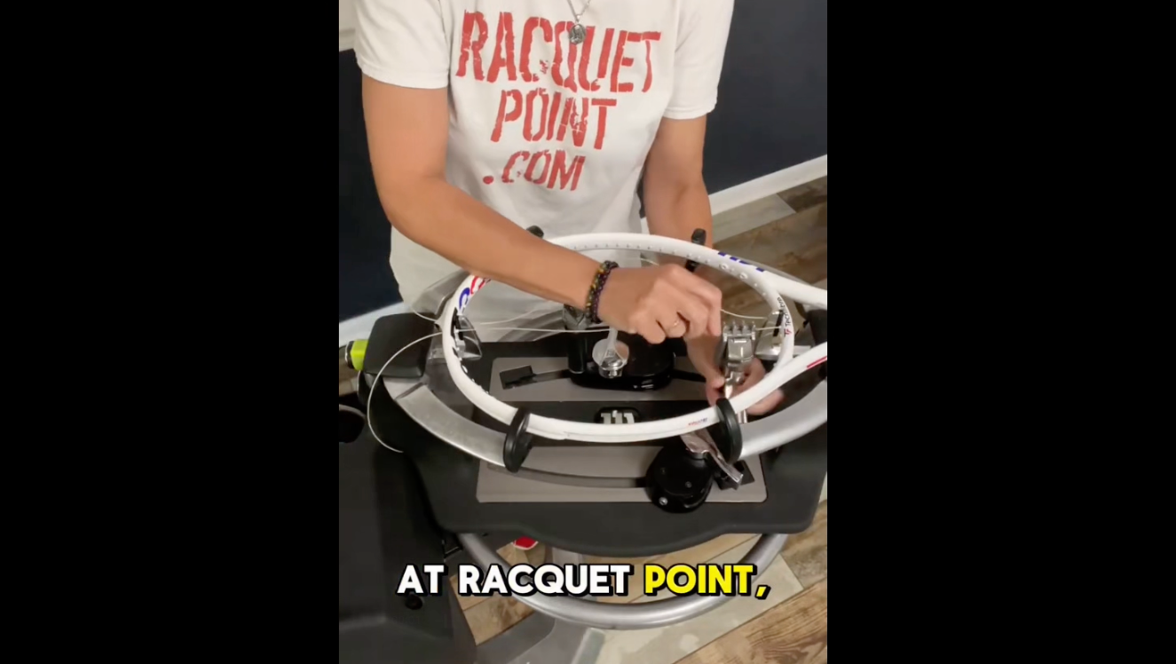Person working on a tennis racket at Racquet Point, with text overlay.
