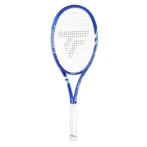Tennis racket with blue frame and white handle on a white background