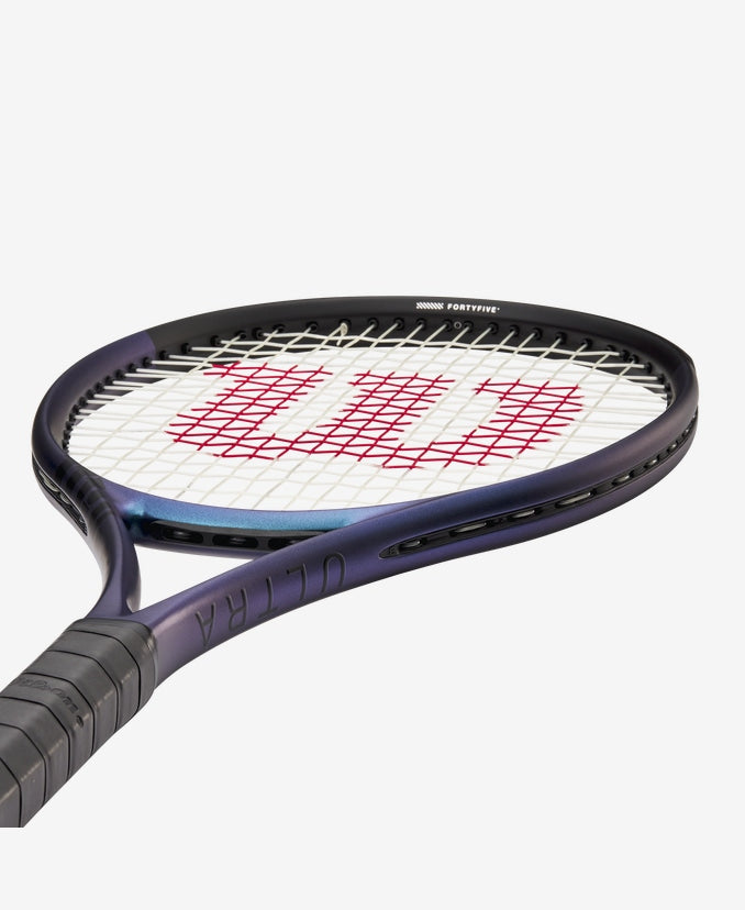 The sleek and aerodynamic design of the Wilson Ultra 100 V4 Tennis Racket