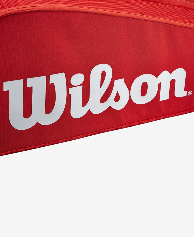 Close-up on the logo of the Wilson Super Tour 15 Pack Tennis Bag - Red