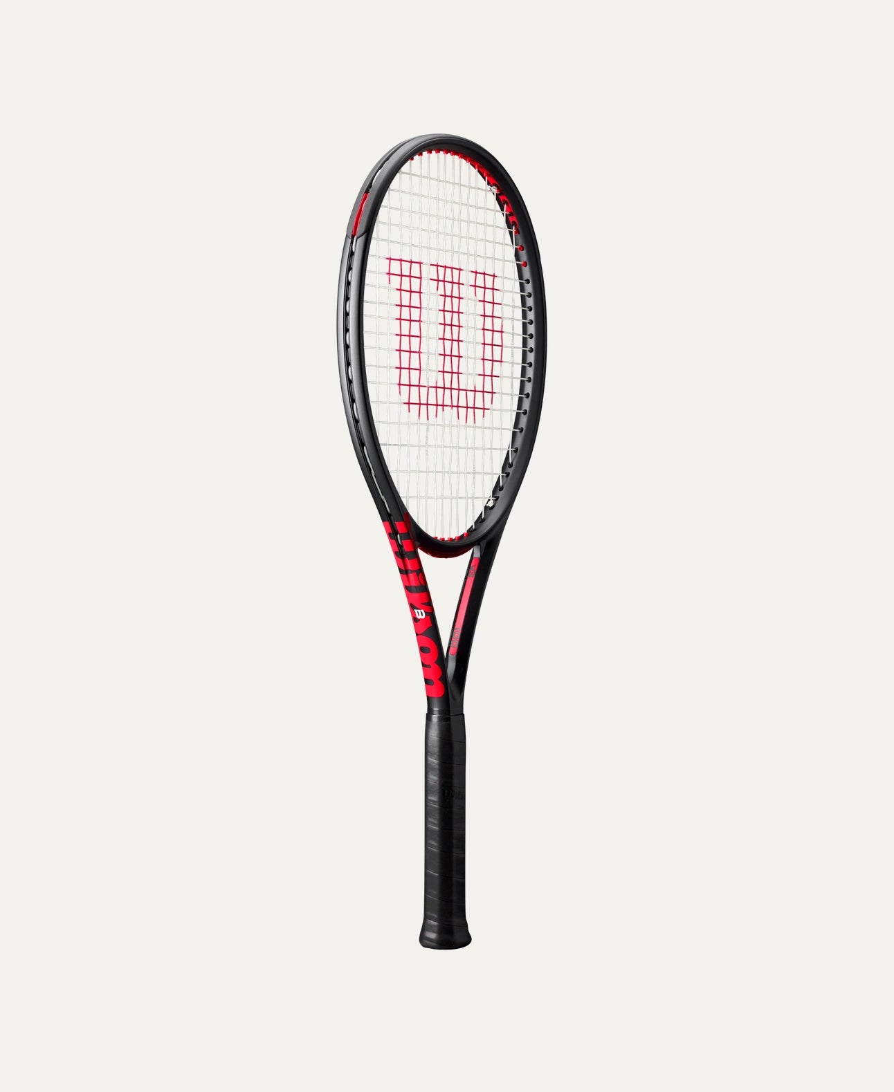 Tennis racket with a red Wilson logo on a white background
