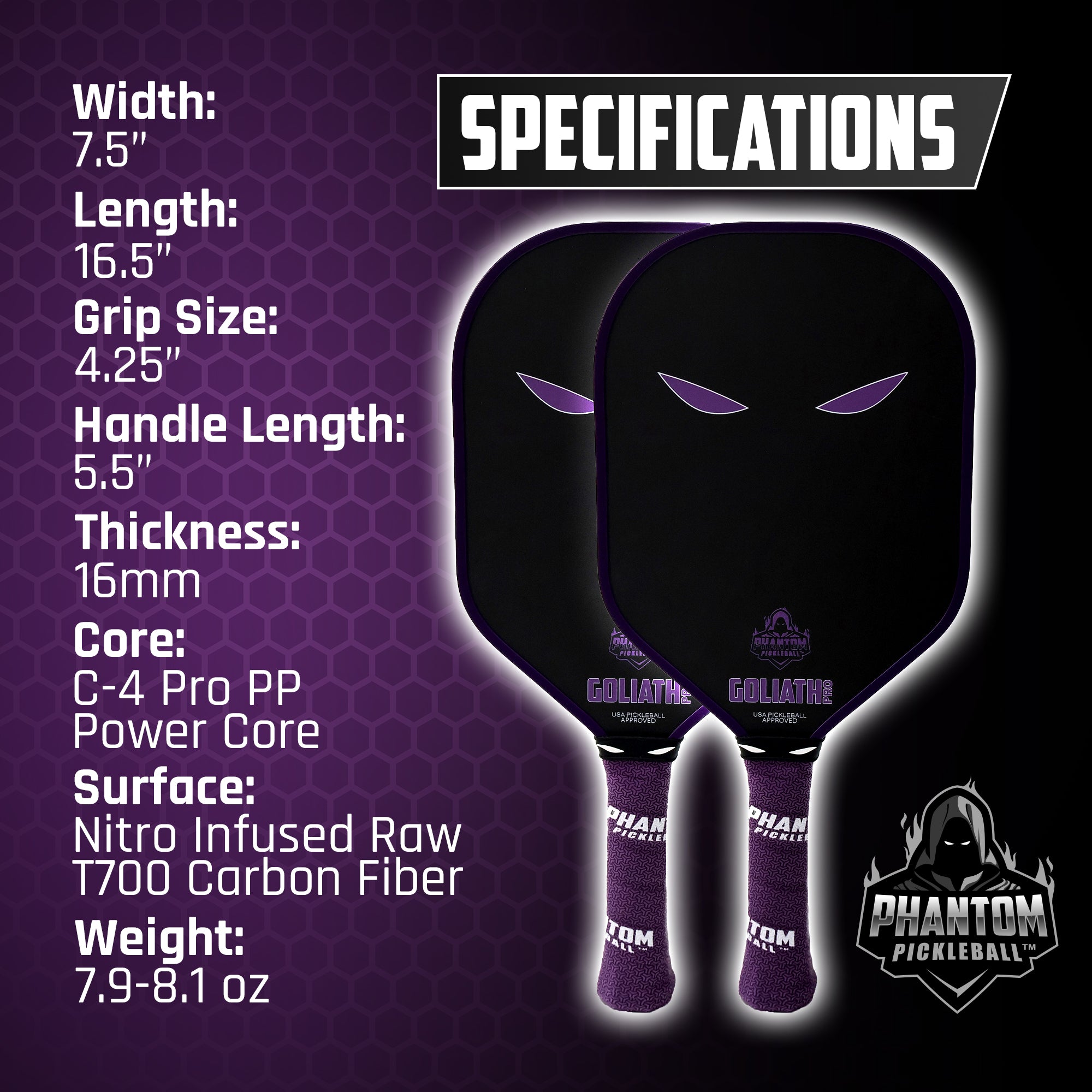 PHANTOM GOLIATH PRO 16MM T700 Raw Carbon Fiber Thermoformed Pro Pickleball Paddle w/ Premium Cover - Racquet Point