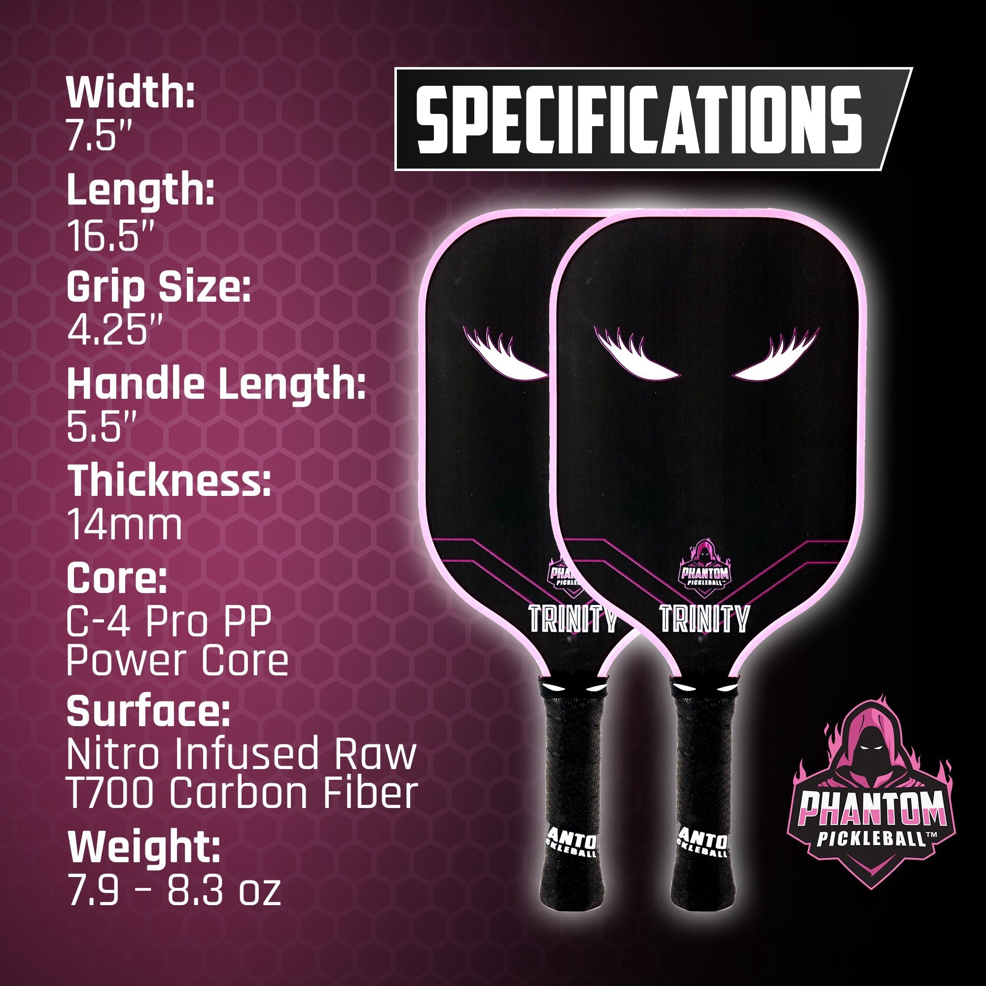 Phantom LADY TRINITY 14MM T700 Raw Carbon Fiber Thermoformed Pro Pickleball Paddle w/ Premium Cover - Racquet Point